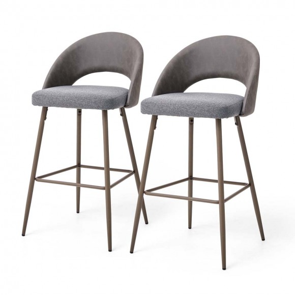 Glitzhome Dark Gray Fabic Seat and Leatherette Backrest Bar Stool with Brown Tapered Metal Legs, Set of 2