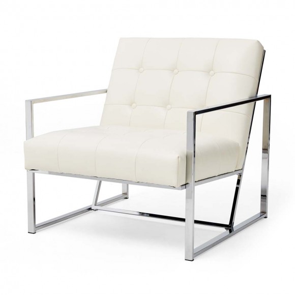 Glitzhome 31.50"H White PU Leather Button-tufted Accent Arm Chair with Chrome Plated Frame