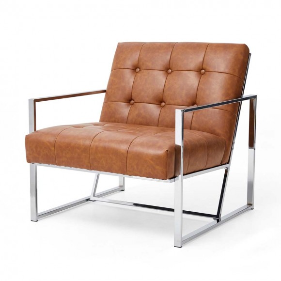 Glitzhome 31.50"H Brown PU Leather Button-tufted Accent Arm Chair with Chrome Plated Frame