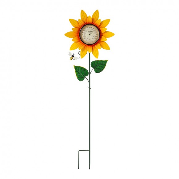 Glitzhome 48"H Metal Sunflower Yardstake with Thermometer Decor