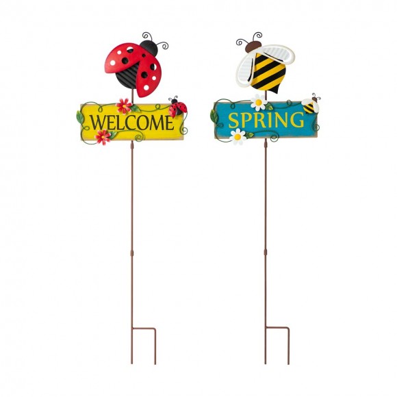 Glitzhome 42.25"H Set of 2 Metal and Wood Ladybug and Bee Yardstake