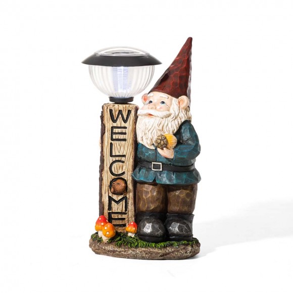 Glitzhome 16.25"H Polyresin Gnome Welcome Garden Statue with Solar Powered Lamp Post