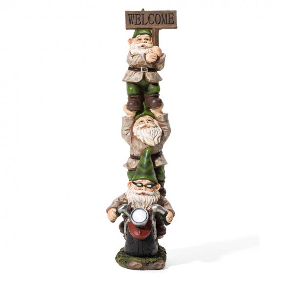 Glitzhome 25.5"H Polyresin Stacked Riding Gnome Garden Statue with Solar Powered Light