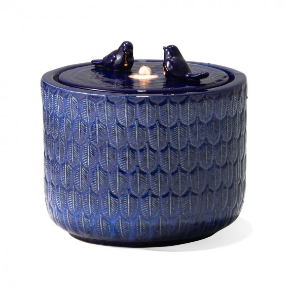 Glitzhome 14.75"D Cobalt Blue Two Birds Embossed Leaf Pattern Cylindrical Ceramic Fountain with Pump and LED Light