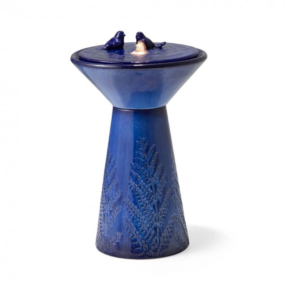 Glitzhome 27.5"H Cobalt Blue Two Birds Embossed Plant Pattern Pedestal Ceramic Fountain with Pump and LED Light