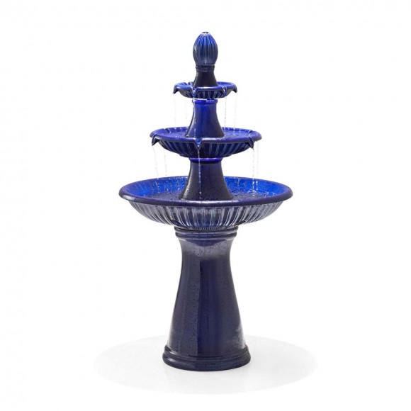 Glitzhome 45.25"H Oversized Cobalt Blue 3-Tier Ceramic Outdoor Fountain with Pump and LED Light