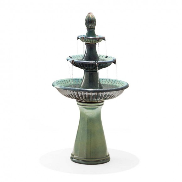 Glitzhome 45.25"H Oversized Turquoise 3-Tier Ceramic Outdoor Fountain with Pump and LED Light