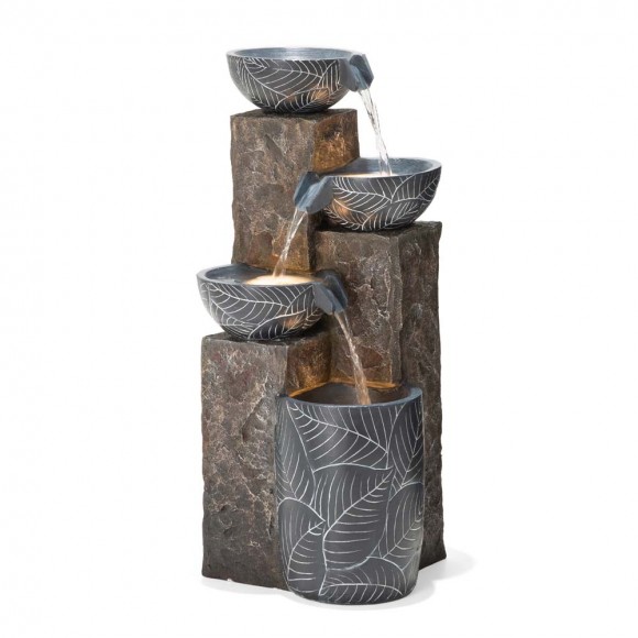 Glitzhome 32.75"H Natural Leaf Textured 4-Tier Resin Outdoor Fountain with Pump and Light