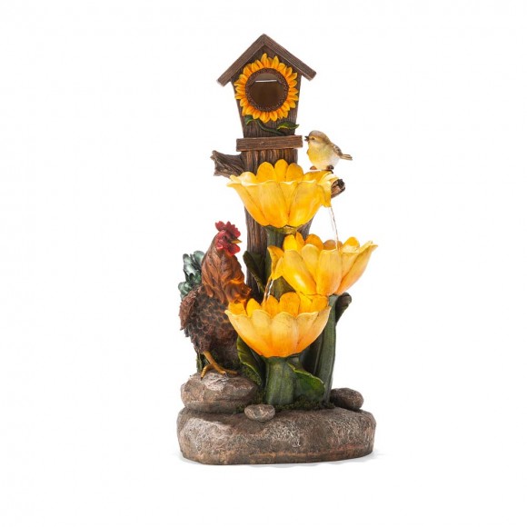 Glitzhome 28.5"H Farmhouse Sunflowers and Birdhouse Resin Outdoor Fountain with Pump and Light