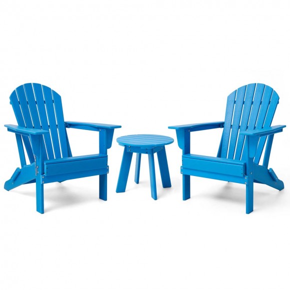 Elm PLUS 3-Piece Outdoor Patio Pacific Blue HDPE Folding Adirondack Chairs and 20"D Side Table Set