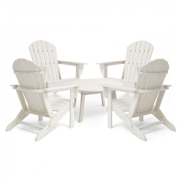 Elm PLUS 5-Piece Outdoor Patio White HDPE Folding Adirondack Chairs and 32"D Coffee Table Set