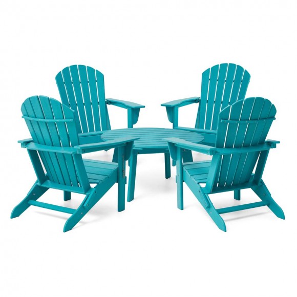 Elm PLUS 5-Piece Outdoor Patio Aqua HDPE Folding Adirondack Chairs and 36"D Coffee Table Set