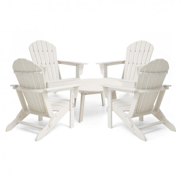 Elm PLUS 5-Piece Outdoor Patio White HDPE Folding Adirondack Chairs and 36"D Coffee Table Set