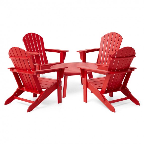 Elm PLUS 5-Piece Outdoor Patio Red HDPE Folding Adirondack Chairs and 36"D Coffee Table Set