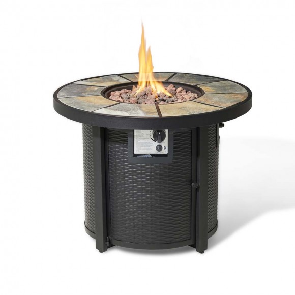 Elm PLUS 32"D 30000-BTU Round Slates Top Aluminum Propane Fire Pit Table with Polyester Cover