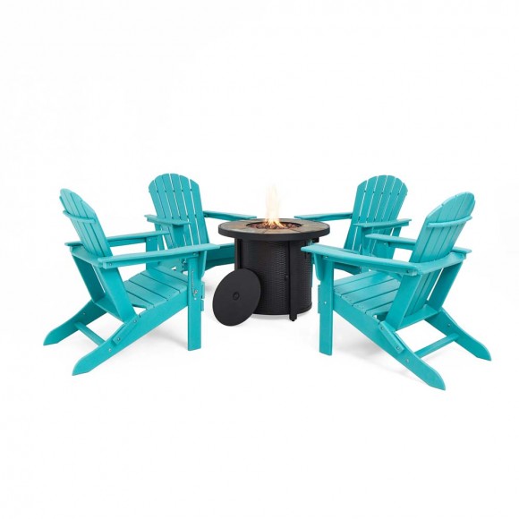 Elm PLUS 1 Piece 30000-BTU Round Slates Top Aluminum Propane Fire Pit Table and 4 Piece Aqua HDPE Folding Adirondack Chairs