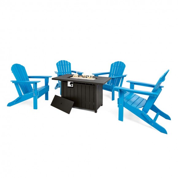 Elm PLUS 1 Piece 30000-BTU Black Aluminum Propane Fire Pit Table and 4 Piece Pacific Blue HDPE Folding Adirondack Chairs