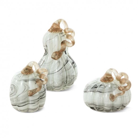 Glitzhome S/3  Gray Marble Glass Pumpkin & Gourd