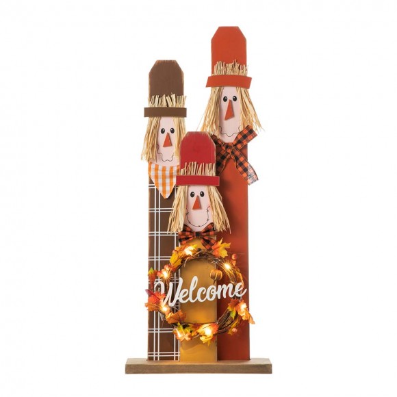 Glitzhome 36.25"H Lighted Wooden Scarecrow Family Porch Decor with Wreath