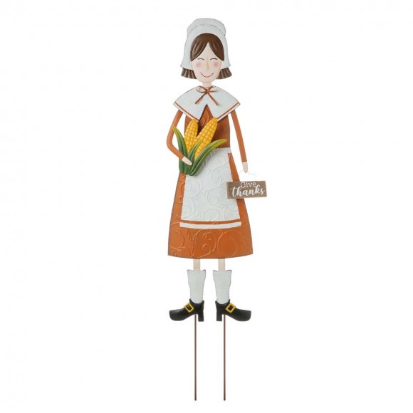 Glitzhome 36"H Metal Thanksgiving Pilgrim Girl Yard Stake, Standing Decor or Hanging Decor (Three function)