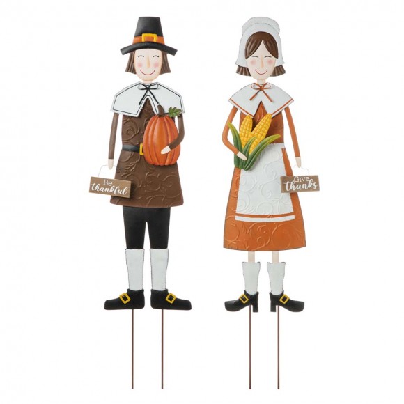 Glitzhome Set of 2 Metal Thanksgiving Pilgrim Yard Stake, Standing Decor or Hanging Decor  (Three Function)