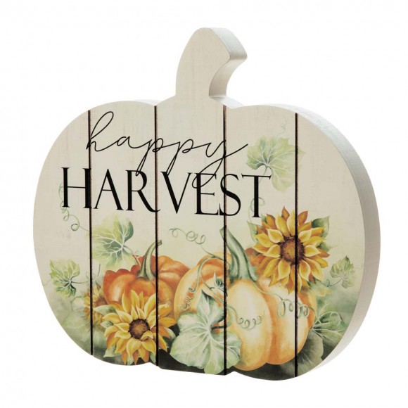 Glitzhome 9.75"L "Happy Harvest" Wooden Pumpkin Table Sign Decor