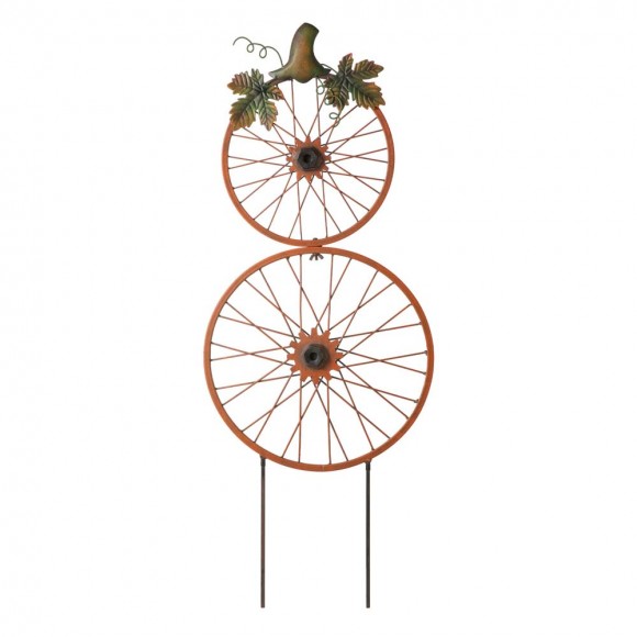 Glitzhome 33.75"H Fall Metal Bicycle Wheel Pumpkin Yard Stake