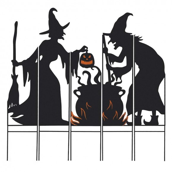 Glitzhome 34.5"H Set of 5 Halloween Metal Silhouette Witches with Cauldron Yard Stake