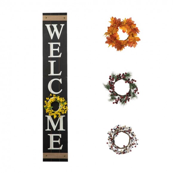 Glitzhome 60"H Wooden Black WELCOME Porch Sign With 4 Interchangeable Wreathes（Spring/Patriotic/Fall/Christmas）