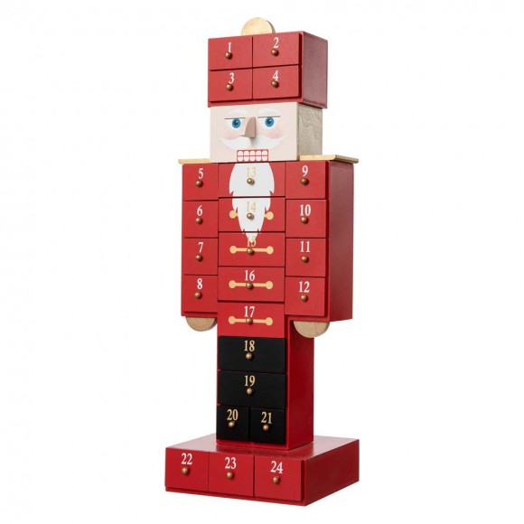 Glitzhome 17.25"H Wooden Christmas Nutcracker Countdown Calendar Decor with Drawer