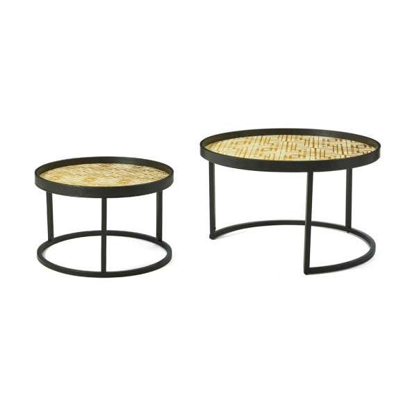 Glitzhome Set of 2 Nesting Coffee Table with Plaid Pattern Tray Top