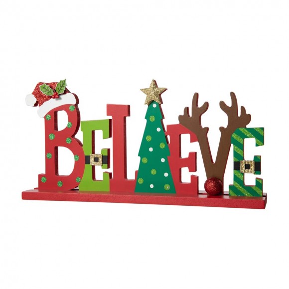 Glitzhome 14"L Wooden Christmas "BELIEVE"  Table Decor