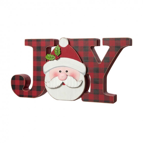 Glitzhome 11.75"L Wooden Christmas Plaid "JOY " Table Decor