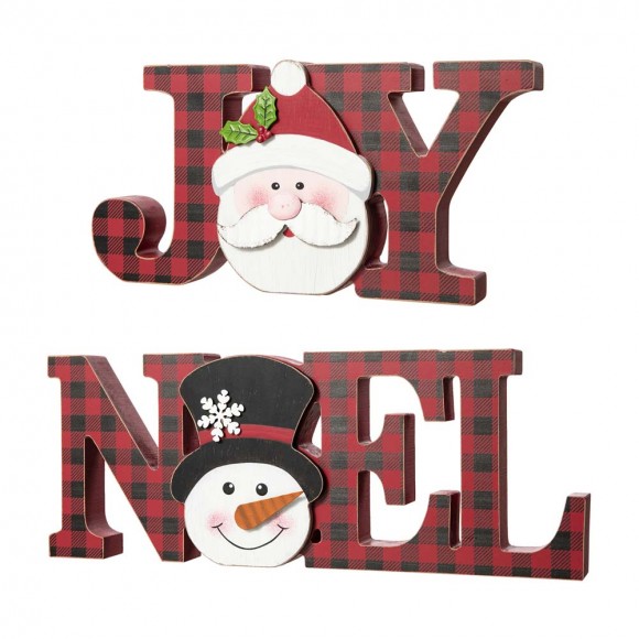 Glitzhome Set of 2 Wooden  Christmas Plaid "JOY "& "NOEL" Table Decor