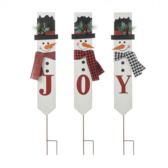 Glitzhome Set of 3 Wooden & Metal Snowman Yard Stake - JOY