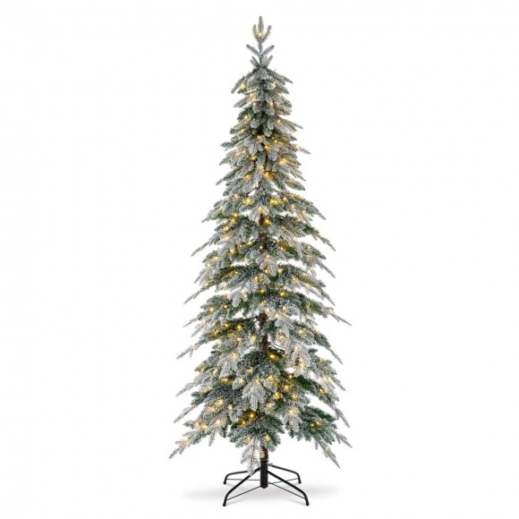 Glitzhome 7.5ft Pre-Lit Flocked Pencil Spruce Artificial Christmas Tree with 350 Warm White Lights