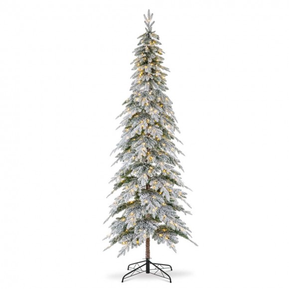 Glitzhome 9ft Pre-Lit Flocked Pencil Spruce Artificial Christmas Tree with 470 Warm White Lights 