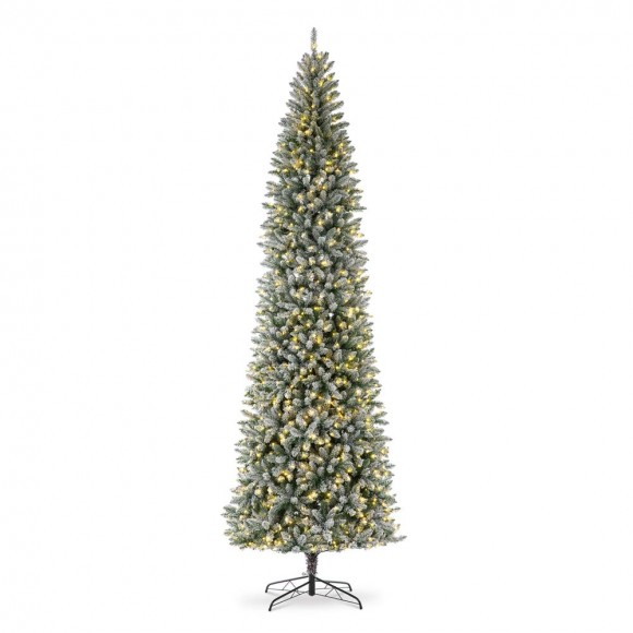 Glitzhome 11ft Pre-Lit Flocked Pencil Fir Artificial Christmas Tree with 950 Warm White Lights
