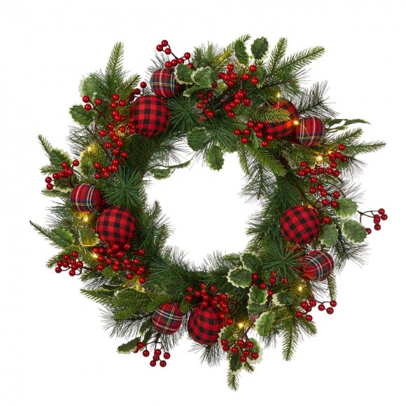 Glitzhome 24"D Ornament Berry Holly Pine Wreath With Lights