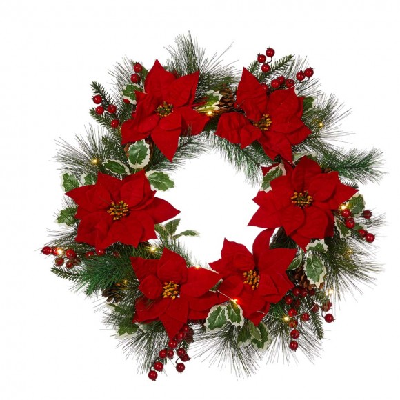 Glitzhome 24"D Poinsettia Pinecone Wreath With Lights