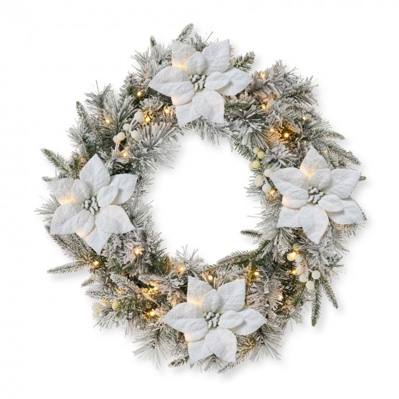 Glitzhome 24"D Pre-Lit Snow Flocked Greenery Pine Poinsettia Christmas Wreath with 50 Warm White Lights(Includes Timer)