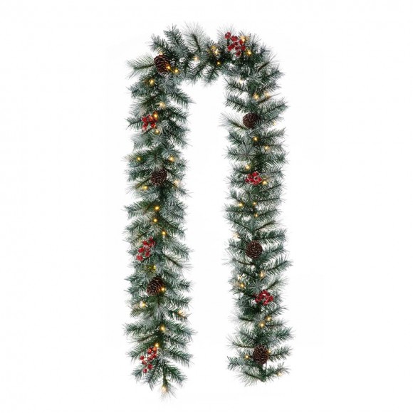 Glitzhome 9ft Pre-Lit Greenery Pine Cones and  Red Berries Christmas Garland with 50 Warm White Lights(Includes Timer)