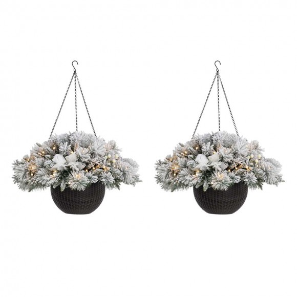 Glitzhome 2PK 24"D Pre-Lit Ligthed Snow Flocked Christmas Artificial Pine Poinsettia Hanging Basket(Includes Timer)