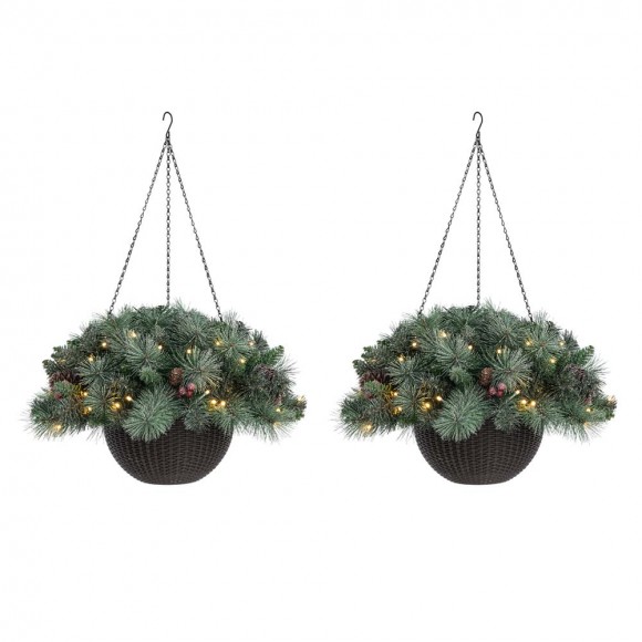 Glitzhome 2PK 24"D Pre-Lit Ligthed Frosted Christmas Artificial Pinecone Hanging Basket (Inlcudes Timer)