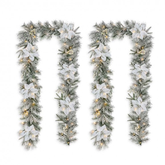 Glitzhome 2PK 9ft Pre-Lit Snow Flocked Greenery Pine Poinsettia Christmas Garland with 50 Warm White Lights(Includes Timer)