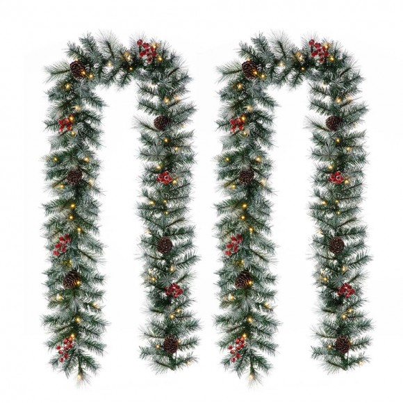 Glitzhome 2PK 9ft Pre-Lit Greenery Pine Cones and  Red Berries Christmas Garland with 50 Warm White Lights(Includes Timer)