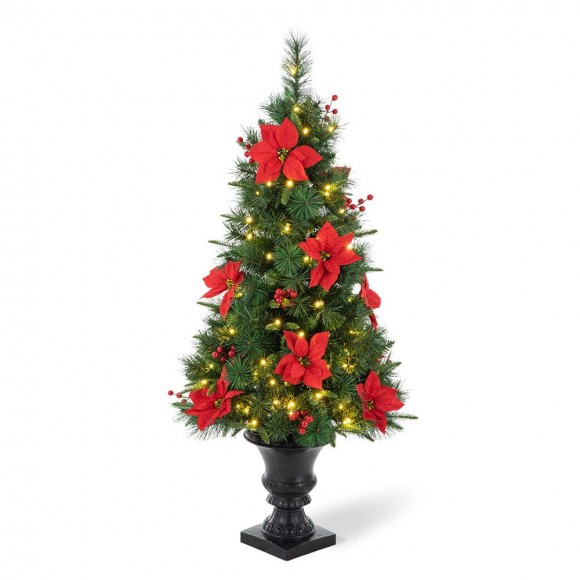 Glitzhome 4ft Pre-Lit Pine Artificial Christmas Porch Tree with 100 Warm White Lights, Poinsettia and Red Berries