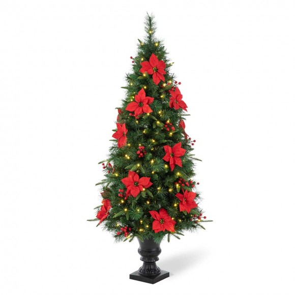 Glitzhome 5ft Pre-Lit Pine Artificial Christmas Porch Tree with 150 Warm White Lights, Poinsettia and Red Berries