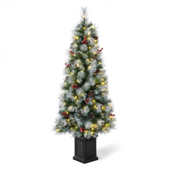 Glitzhome 5ft Pre-Lit Pine Artificial Christmas Porch Tree with 150 Warm White Lights, Pinecones and Red Berries