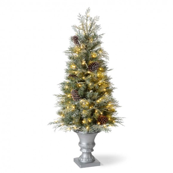 Glitzhome 4ft Pre-Lit Pine Artificial Christmas Porch Tree with 130 Warm White Lights and Pinecones